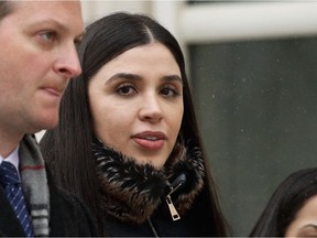 In this file photo, Emma Coronel Aispuro, wife of Joaquin 'El Chapo' Guzman, leaves the U.S. Federal Courthouse in Brooklyn on Feb. 12, 2019.
