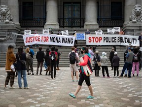 A demonstration in support of nursing student Mona Wang, who alleges excessive force was used by an RCMP officer during a wellness check in Kelowna.