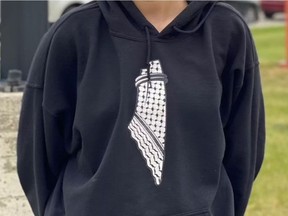A 15-year-old Calgary girl was attacked on the C-Train on June 6 for wearing this sweater featuring the outline of Palestine in what is known as a Kuffiyeh print. Submitted