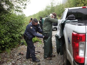 A man is detained and searched after crossing a police checkpoint line, near a camp of protesters obstructing the road to old growth timber logging in the Fairy Creek area of Vancouver Island.