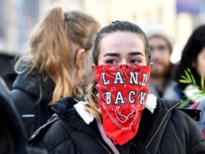 Supporters of the indigenous Wet'suwet'en Nation's hereditary chiefs block access to the Port of Vancouver as part of protests against the Coastal GasLink pipeline, in Vancouver on Feb. 24, 2020.