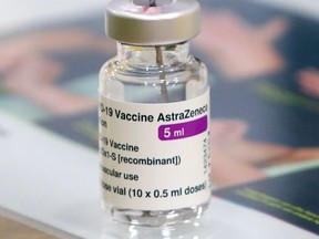 A vial of Oxford/AstraZeneca's COVID-19 vaccine is seen at a vaccination centre in Antwerp, Belgium March 18, 2021.