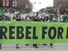 File photo of an Extinction Rebellion protest in Vancouver. They are planning to disrupt traffic during Friday's evening commute on the Cambie Street Bridge.