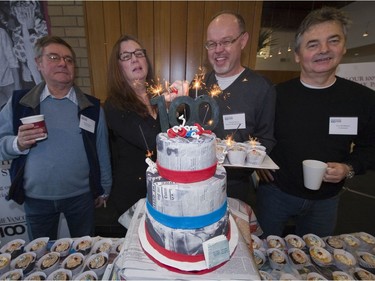 The Vancouver Sun's Nick Palmer (L), Shelley Fralic, Harold Munro and Pete McMartin (R) get the birthday party going, February 11th, 2012.