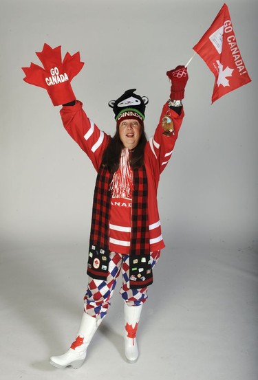 2010 Winter Olympics. Shelley Fralic wearing all manner of ugly olympic gear.