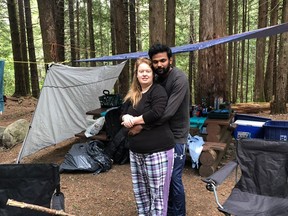 Samantha Ruttan and fiancé Niyas Vadakkethoduvil at a campsite in the West Harrison area on a previous trip. Ruttan contacted Agassiz RCMP after a confrontation over a campsite on Crown land near Harrison Lake on the long weekend.