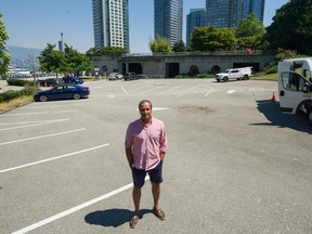 Rahim Jivraj, president of the Coal Harbour Residents Association, in the parking lot where a mixed school, social housing complex is being proposed.