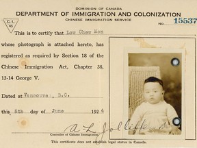 The C.I.45 immigration card for Norman Low, who was born in Vancouver, grew up in Strathcona, attended the University of B.C. and then enlisted in the war, despite his second-class status in Canada. In 1946, he was among four Chinese-Canadians awarded the Military Medal for fighting and service in the jungles of Borneo.
