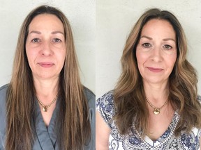 Nadia Albano gives 57-year-old retiree Karen Tucker a new look as she prepared to take on the world. On the left is Karen before her makeover, on the right is her after.