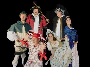 The Merrie-Makers (from left, back: Reece Presley as Robin Hood, John Cousins as Sheriff Poltroon, Roger Monk as Lord Knickerbocker, Pamela Carolina Martinez as Maid Marion; from left, front: Michael Charrois as Jack Pudding, and Megan Carty as Tallie Longbottom) star in The Silly Adventures of Robin Hood from Aug. 12-14 at the Glades Woodland Gardens.