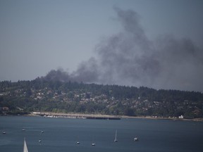 Black smoke is seen near the UBC area of Vancouver on Monday, July 5, 2021. Photo credit: Derrick Penner/PNG