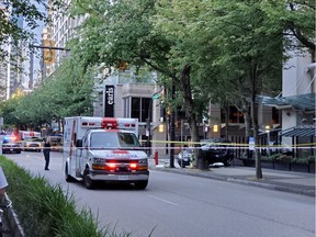 Photo from crash scene near Hornby and Smithe Streets in Vancouver on Tuesday, July 6, 2021. An 11-month-old infant is dead and her father injured after a two-car collision.