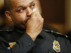 U.S. Capitol Police Sergeant Aquilino Gonell, wipes his eyes as he watches a video during the Select Committee investigation of the Jan. 6, 2021, attack on the U.S. Capitol, during their first hearing on Capitol Hill in Washington, D.C, on July 27, 2021.