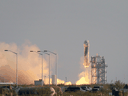 The New Shepard Blue Origin rocket lifts-off from the launch pad carrying Jeff Bezos along with three crew members on July 20, 2021 in Van Horn, Texas.