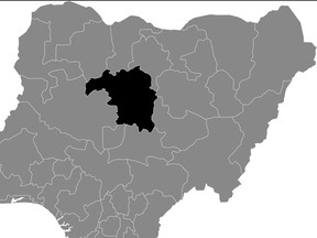 Black highlighted location map of the Nigerian Kaduna state inside gray map of the Republic of Nigeria