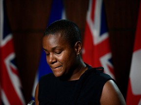 Annamie Paul, leader of the Green Party of Canada, speaks at a news conference on the news that New Brunswick MP Jenica Atwin had left the Green Party to join the Liberal Party, on Parliament Hill in Ottawa, on Thursday, June 10, 2021.