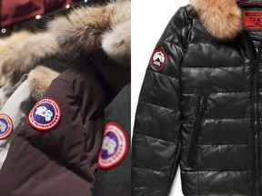 Jackets at the Canada Goose showroom in Toronto, left, and an image showing a Goose Country jacket, right, which was included in the former's lawsuit.