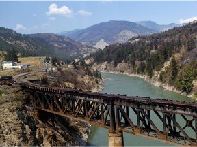 The charred remnants of a rail bridge in Lytton damaged by wildfire.