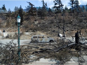 The charred remnants of homes and buildings, destroyed by a wildfire on June 30, are seen during a media tour by authorities in Lytton on July 9, 2021.