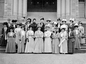 Women of the Victoria and Vancouver Island Council of Women pictured in 1895 on the Legislature steps, where they annually delivered a petition every year demanding the vote for women.