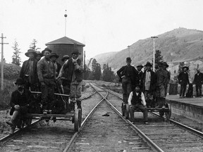 Chinese rail workers on handcars, Canadian Pacific Railway, circa 1886