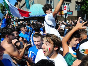 Jubilant Italian fans celebrate after Italy beat England on penalties in there Euro 2020 Final at Wembley Stadium, in Vancouver, BC., on July 11, 2021.