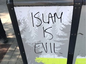 SURREY, B.C.: July 16, 2021 -- Hate motivated graffiti under investigation in Newton. There have been multiple incidents of anti-Muslim graffiti reported to Surrey RCMP since July 5, 2021. Investigators believe these incidents are connected, and may be linked to the same person or group of people. The most recent incident was reported to Surrey RCMP on July 14, 2021. Members of the public reported graffiti on a refuse bin, on business property, and on a utility pole near a Mosque in the area of 72 Avenue and King George Boulevard. Handout photo from Surrey RCMP [PNG Merlin Archive]