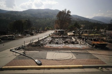 Damaged structures are seen in Lytton, B.C., on Friday, July 9, 2021, after a wildfire destroyed most of the village on June 30.