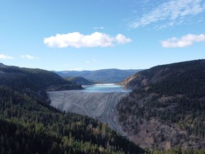 Aerial photo of the mine waste dam scheduled for expansion at Copper Mountain Mine neighbouring the Similkameen river and Princeton. Photo: Andrew Roberts.