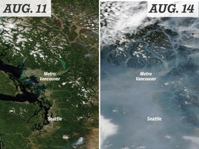 Satellite imagery from Aug. 11 and Aug. 14 shows wildfire smoke drifting across the Lower Mainland and Seattle.