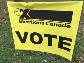 Square Elections Canada vote sign, outside a Canadian voting station at the Optimist Community Centre on Ypres Boulevard, Oct. 21, 2019.