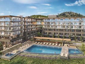 The new development, Zara, in Lake Country, Okanagan, features a resort-style pool, hot tub, and fifth storey skybridge which connects the two buildings.