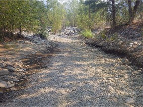 This photo shows the dried up Vaseux Creek in the Okanagan, which is in a Level 5 drought. Photo courtesy of Okanagan Nation Alliance.