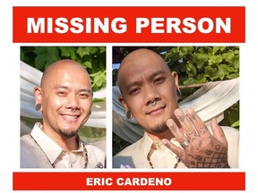 New Westminster, B.C. - Aug. 17, 2021: New Westminster Police are asking the public to check their properties, including outhouses and roofs and garages, to help find 38-year-old Eric Cardeno. Cardeno was last seen leaving his home in the Queensborough area of New Westminster on Aug. 14, 2021.