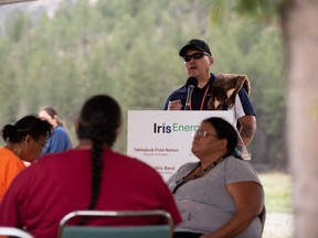 Yaqan Nukiy Nasukin Jason Louie speaks to a gathering of local First Nations, Iris Energy and the CLTC where a $500,000 contribution from Iris Energy was announced.