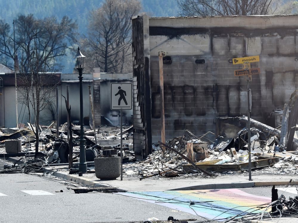  The charred remnants of homes and buildings destroyed by a wildfire on June 30, 2021 in Lytton.