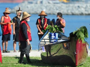 VANCOUVER, August 29, 2021 - The Dream Canoe, which was launched Sunday at Crab Park, is a partnership with the The Indian Residential School Survivors Society, the Saa'ust Centre for families and survivors of Missing and Murdered Indigenous Women and Girls, Kílala Lelum (Urban Indigenous Health and Healing Cooperative), and The Dudes Club. (NICK PROCAYLO/PNG) 



00065488A ORG XMIT: 00065488A [PNG Merlin Archive]
