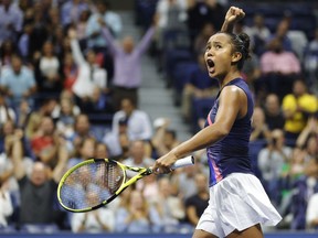 Leylah Annie Fernandez of Canada celebrates against Aryna Sabalenka of Belarus during her Women’s Singles semifinals match on Day Eleven of the 2021 US Open at the USTA Billie Jean King National Tennis Center on September 09, 2021 in the Flushing neighbourhood of the Queens borough of New York City.