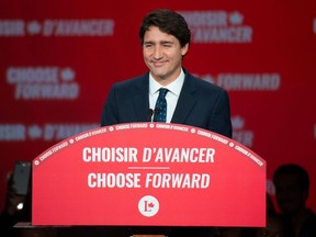 Prime minister Justin Trudeau delivers his victory speech at the Palais des Congres in Montreal during Team Justin Trudeau 2019 election night event in Montreal, Canada on October 21, 2019.