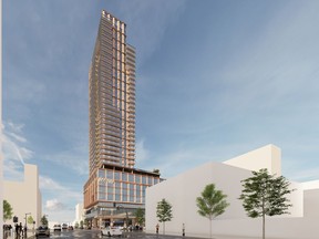 Architectural renderings showing PCI Developments' proposal for a 39-storey mixed use tower at the intersection of West Broadway and Granville in Vancouver.