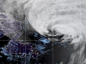 A satellite image shows Hurricane Larry in the Atlantic Ocean, after passing through the Canadian Maritime province of Newfoundland and Labrador, Sept. 11, 2021.