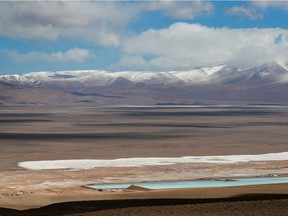 Brine pools used to extract lithium are seen next to a lithium mining camp at the Salar del Rincon salt flat, in Salta, Argentina August 12, 2021.