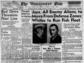 A1 front page of The Vancouver Sun for January 14, 1942 - Japs, All Enemy Aliens,  to Move From Defense Zones to Run Fish Fleet re: Japanese internment.