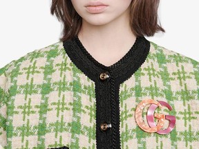 Gucci orange and pink double G brooch, $545 at SSENSE, ssense.com.