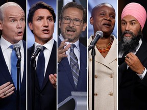 From left to right, Conservative Leader Erin O'Toole, Liberal Leader Justin Trudeau, Bloc Quebecois Leader Yves-Francois Blanchet, Green Party Leader Annamie Paul and NDP Leader Jagmeet Singh.