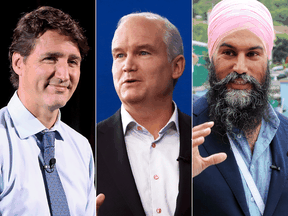 From left, Liberal Justin Trudeau, Conservative Leader Erin O'Toole and NDP Leader Jagmeet Singh.