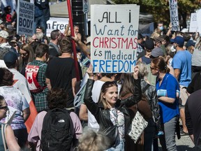 Several thousand anti-vaccine protesters converge on Vancouver General Hospital as part of the World Wide Walkout for Health Freedom earlier this month.