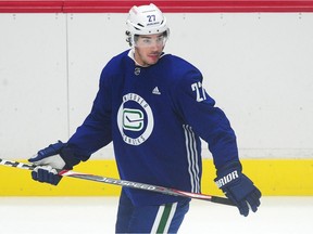 Travis Hamonic on the ice during the Canucks training camp at Rogers Arena on Jan. 11, 2021.