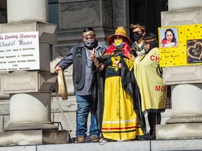 Martha Martin, whose daughter Chantel was shot and killed by police in New Brunswick last year, speaks at the B.C. legislature in Victoria on Saturday, Sept. 18, 2021.