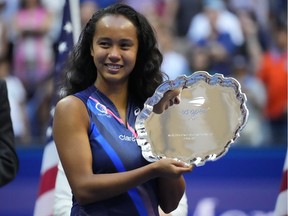 Canadian Leylah Fernandez during the trophy presentation after her match against Emma Raducanu of Britain in the women's singles final at the U.S. Open tournament in Flushing, N.Y., on Sept. 11.